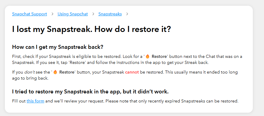 Nettsiden hvor du kan potensielt få tilbake snapchat streaks.